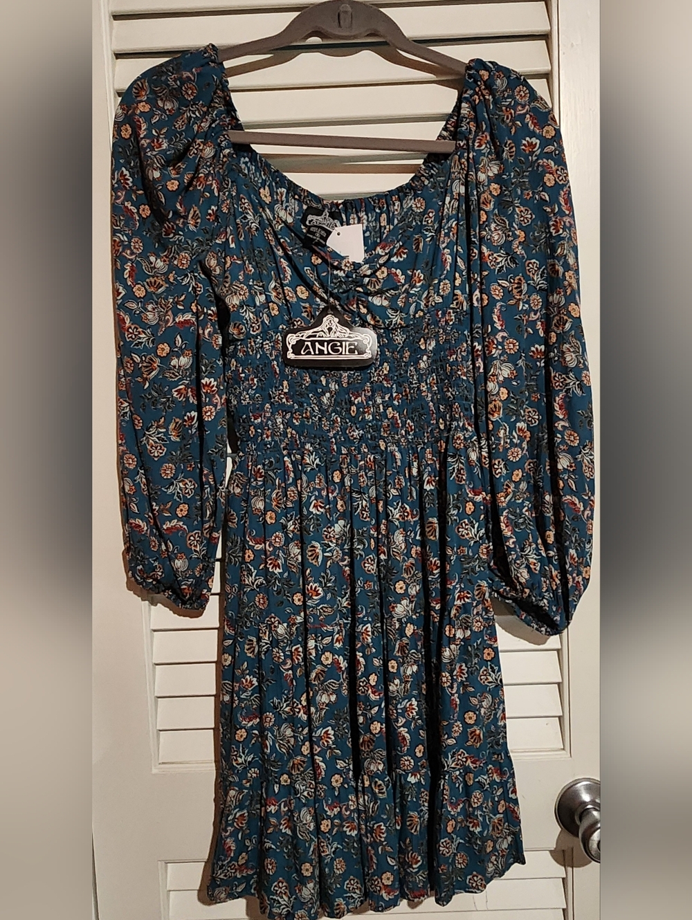 Angie Teal Floral Smock Midi Dress with Puff Sleeves